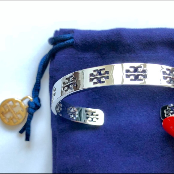 NWT Tory Burch Silver Pierced Logo Cuff Bracelet - Picture 7 of 7